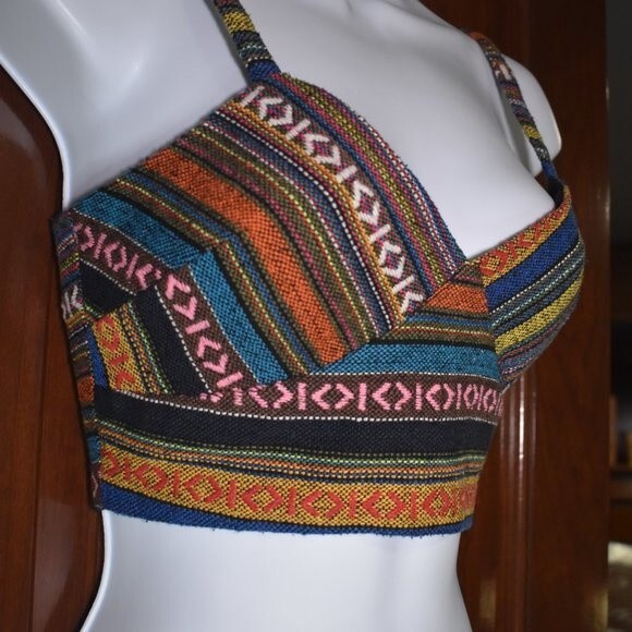 Forever 21 Patchwork Crop Top Size Small Multicolor Adjustable Straps Boho - Picture 5 of 15